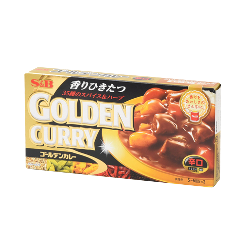 S&B Golden Curry Hot Jumbo box of Japanese curry mix with vibrant yellow packaging and curry ingredients.