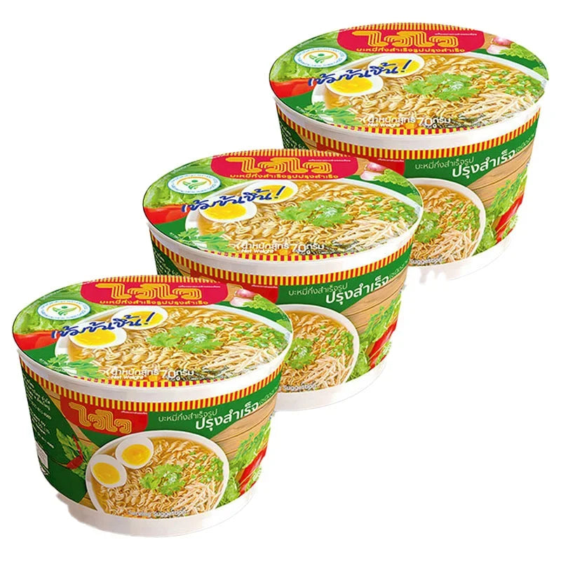 WAIWAI Instant Noodle Oriental Style 70g, pack of three, dry grocery product with noodle blocks in colorful packaging