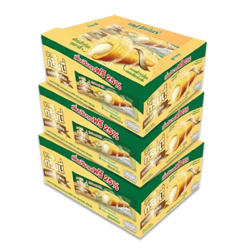 GRINNY Corn Coated Snack filled with butter cream, 15g x3, dry grocery snack confectionery with crunchy coating and creamy filling.