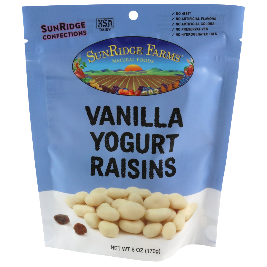 Sunridge Farms All Natural Yogurt Raisins in a clear bowl, showing plump, golden raisins coated with creamy yogurt.