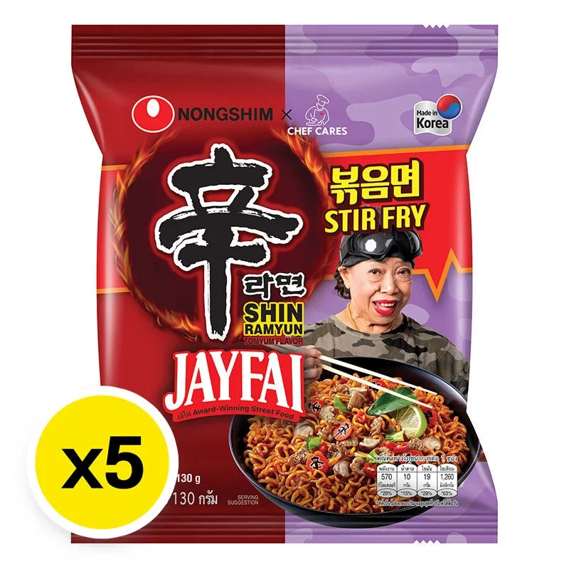 NONGSHIM Shin Ramyun Jayfai Stir Fry 130g, pack of five, ready-to-eat dry Korean noodle stir-fry in black packaging