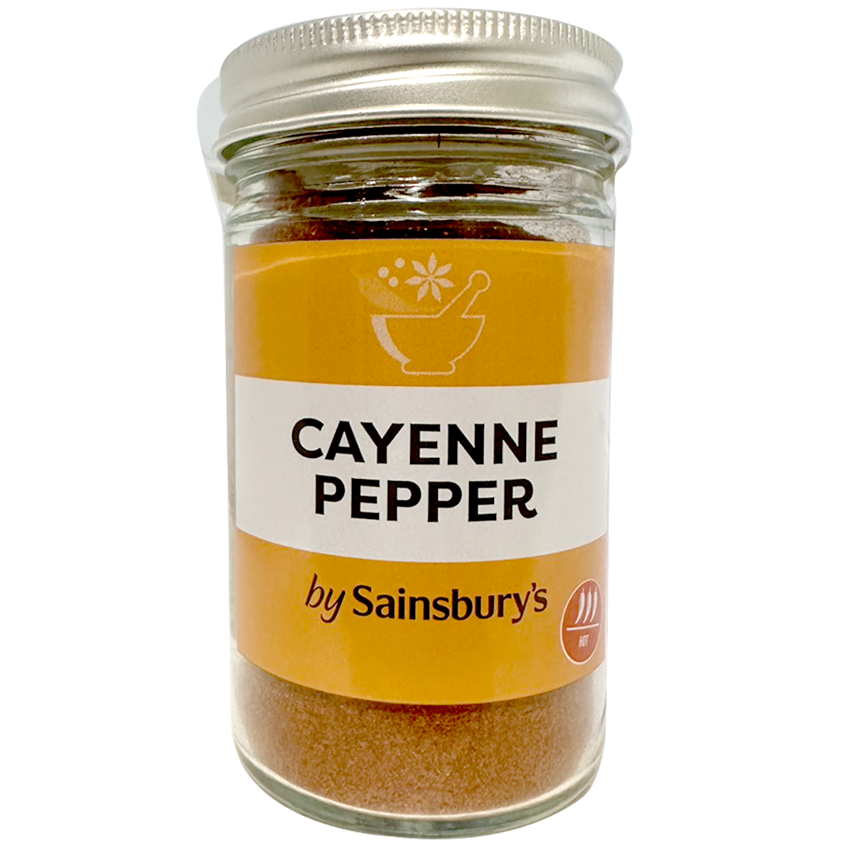 Sainsbury's cayenne pepper in a spice jar, showing bright red powdered cayenne chili for cooking and seasoning.