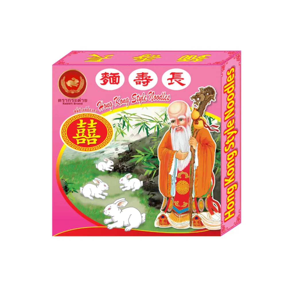 Dry Hong Kong style noodles from Rabbit Brand, 500g package, showing the packaged noodles ready for cooking.
