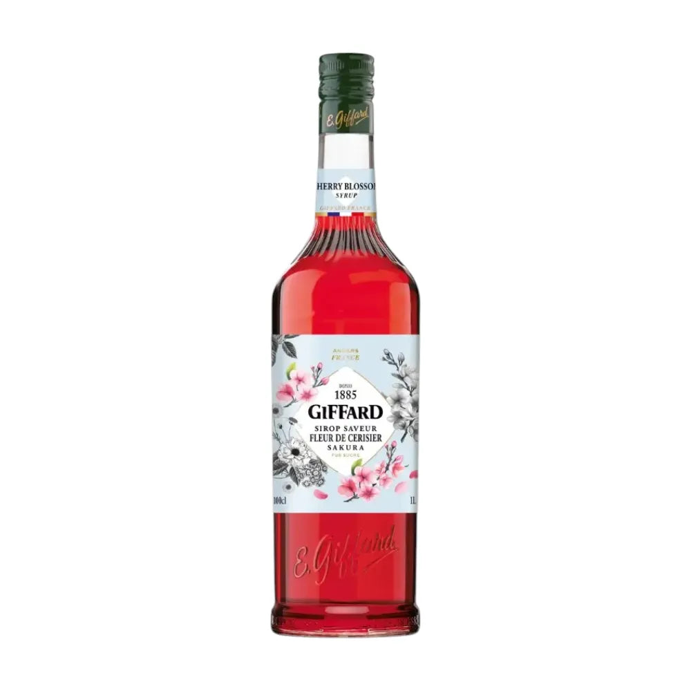 Giffard Mixology Cherry Blossom 1L bottle, dry grocery product with a pink and white cherry blossom label and cap.