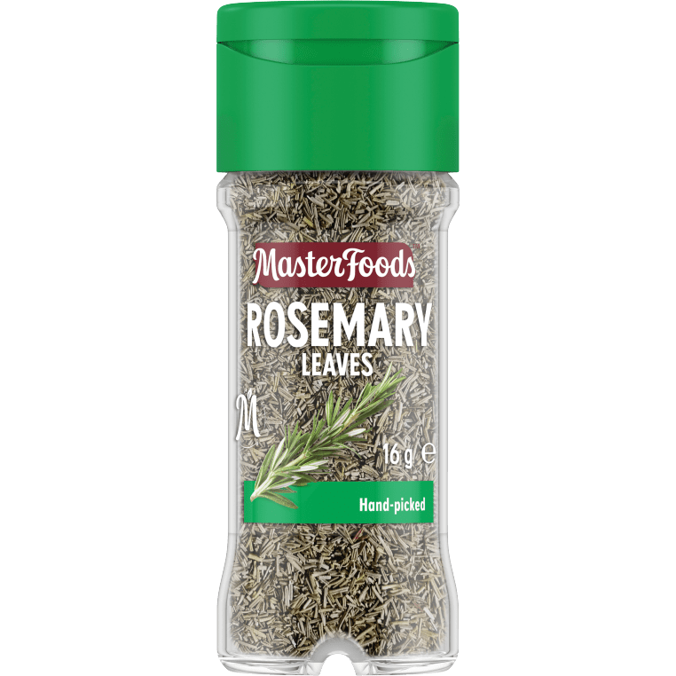 Fresh Masterfoods rosemary leaves in a clear container, showcasing aromatic green sprigs for cooking and seasoning.