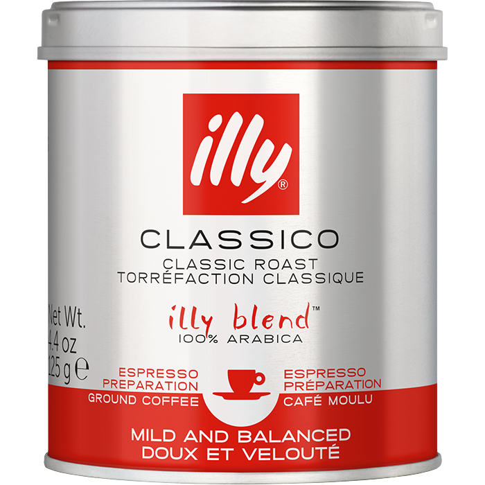Illy medium roast coffee powder in a jar, ready for brewing, showcasing the premium coffee brand and rich coffee texture.