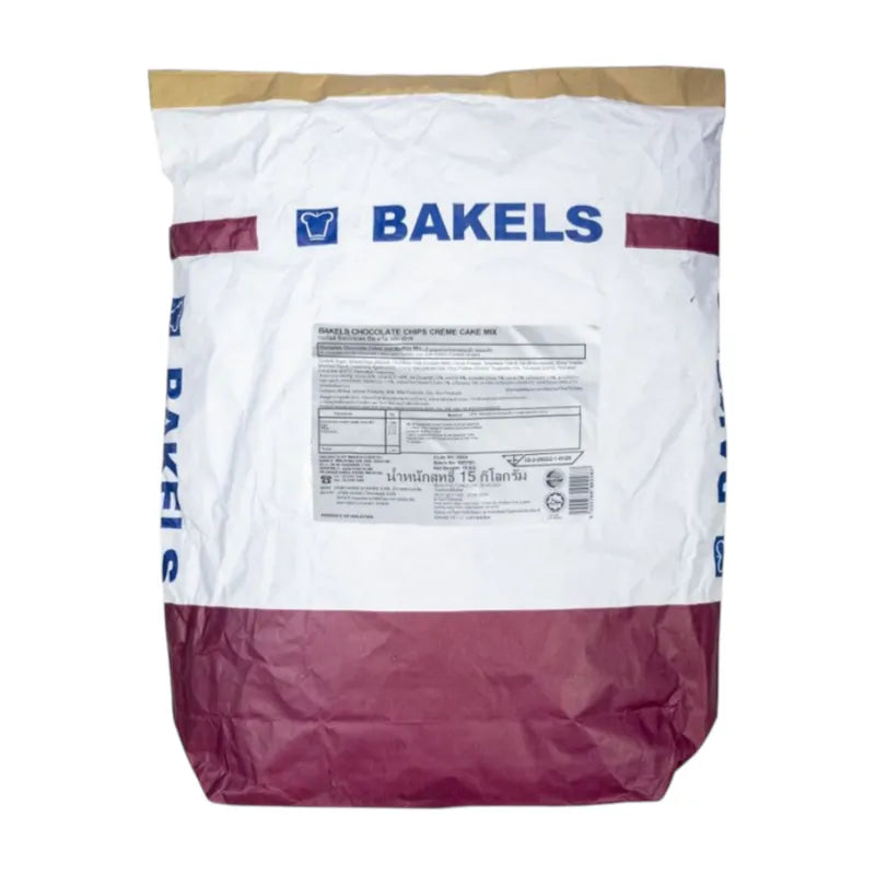 Bakels Choc Chips Creme Cake Mix 15kg in a large bag, ideal for baking, featuring chocolate chips and creamy cake mix.