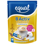 Equal Cappuccino instant coffee mix in a clear cup with frothy top and coffee beans in the background.
