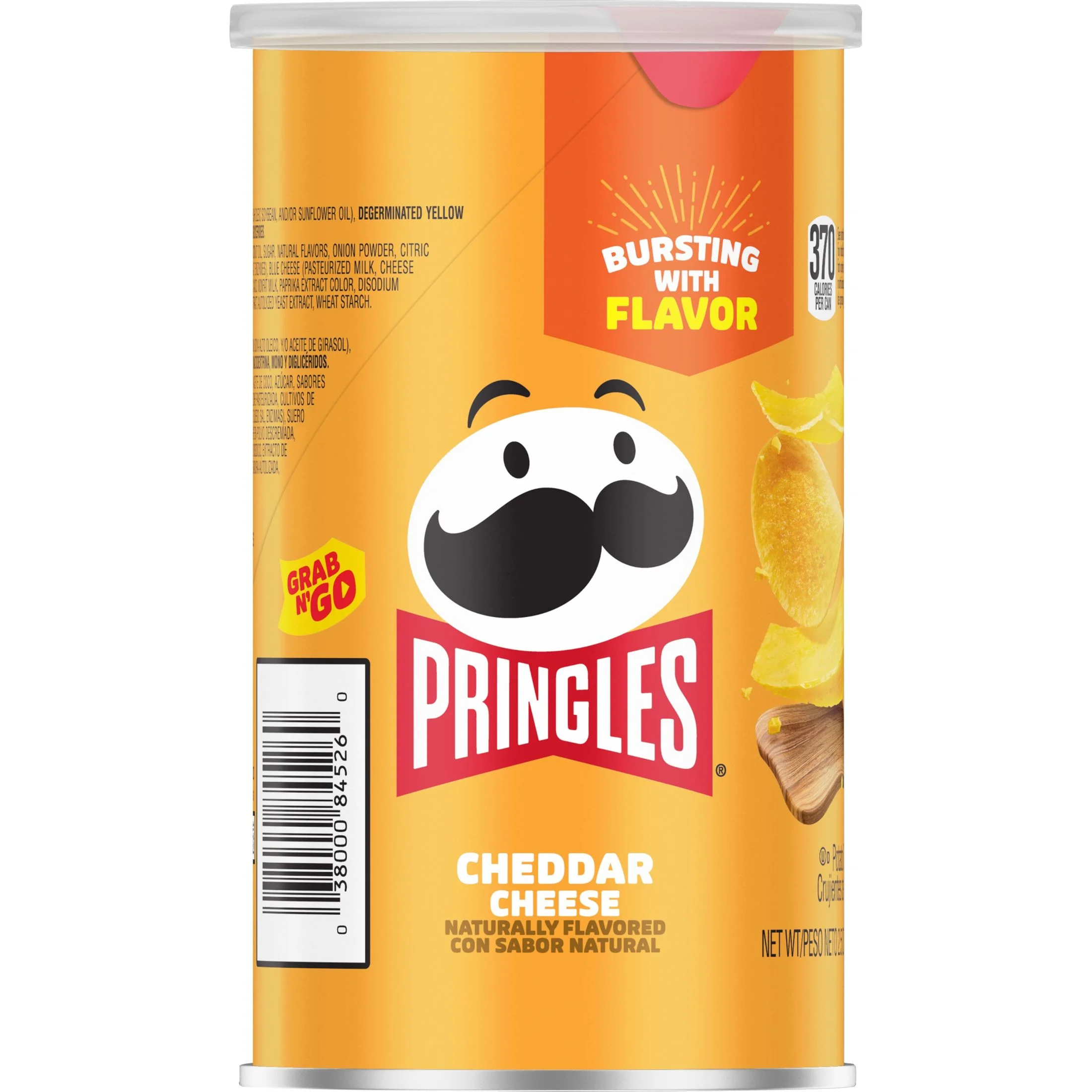 Pringles Cheddar Cheese snack can with crispy, golden chips showing the cheddar cheese flavor on the packaging.