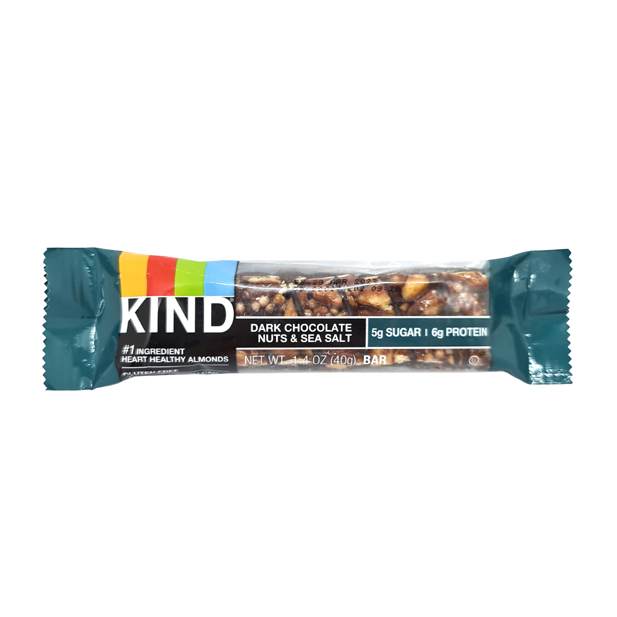 Kind Dark Chocolate Nuts & Sea Salt bar, a grocery snack with dark chocolate, mixed nuts, and sea salt in a close-up image.