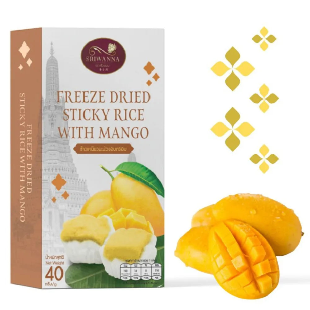 Sriwanna freeze-dried sticky rice with mango in a 40g package, showing the dry grocery snack with dried mango pieces and rice.