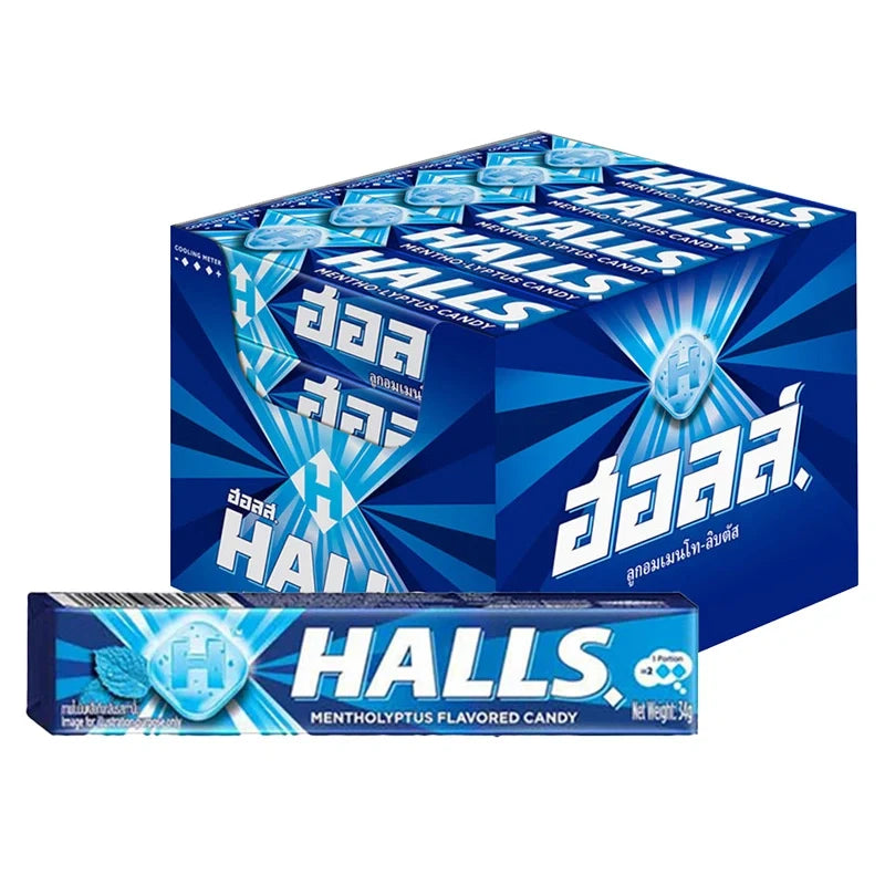 Halls Mentholiptus throat lozenges in a box, HALL'S brand dry grocery snack, menthol and eucalyptus flavor, 20 pieces