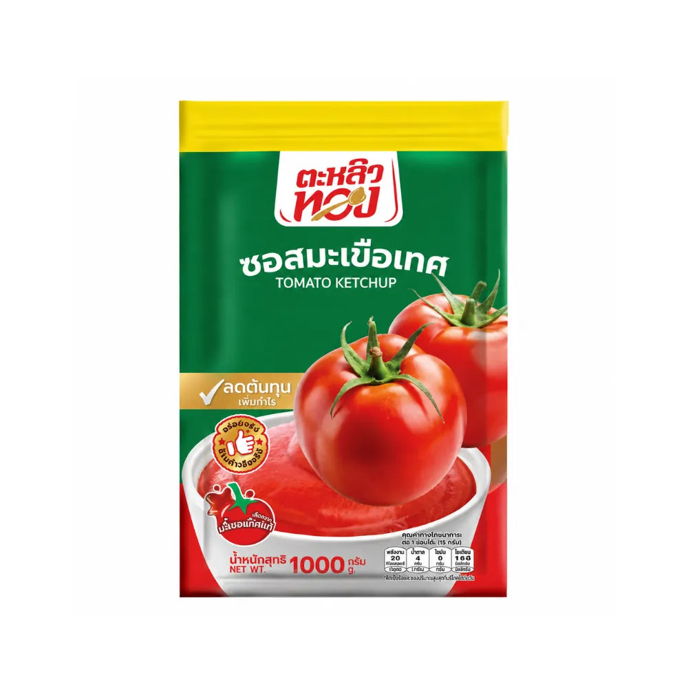 Taliothong Golden Spatula Tomato Sauce 1000g bottle for cooking, with a golden label and clear sauce inside.