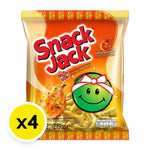 SNACKJACK Green Pea Snack Salt Chilli Prawn 62g, crunchy dry grocery snack with green peas, chili, and prawn flavor, in four packs