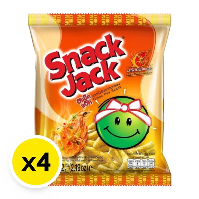 SNACKJACK Green Pea Snack Salt Chilli Prawn 62g, crunchy dry grocery snack with green peas, chili, and prawn flavor, in four packs