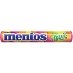 Mentos Fruit Orange candy in colorful wrapping, showing the chewy, fruit-flavored confectionery snack on a plain background.
