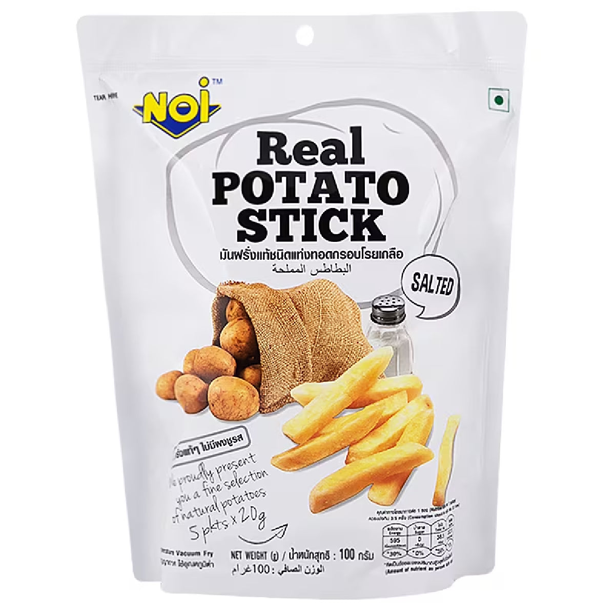 Noi Potato Stick Salt confectionery snack in a clear bag, showing crispy, salted potato sticks ready to eat.
