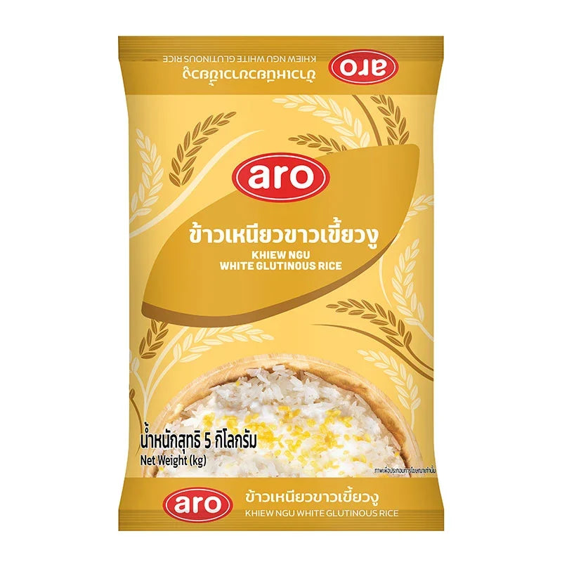 ARO Sticky Rice 5kg dry grocery bag, showcasing the packaging of this premium glutinous rice product from ARO brand.