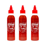 J-LEK Sriracha Chili Sauce with tomatoes, 235g bottle, dry grocery product showcasing the spicy red sauce in a clear glass bottle