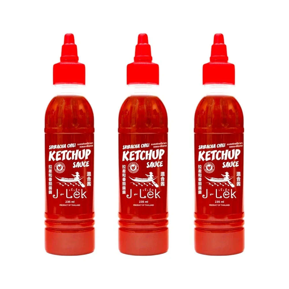 J-LEK Sriracha Chili Sauce with tomatoes, 235g bottle, dry grocery product showcasing the spicy red sauce in a clear glass bottle