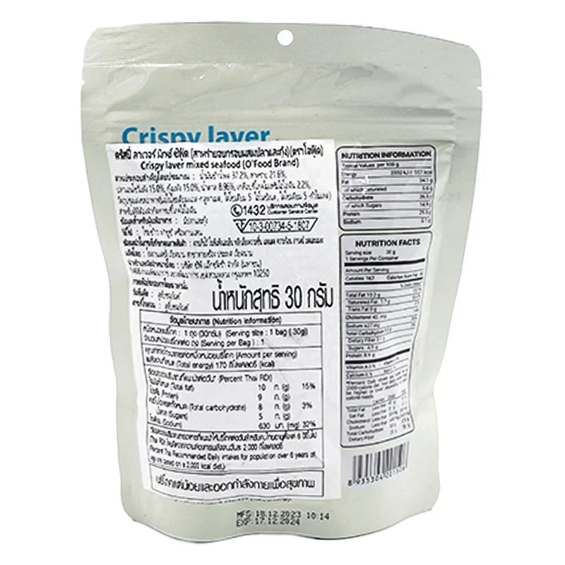 O'FOOD SeaweedxSeafood 30g dry grocery package showing dried seaweed and seafood mix in a clear bag.