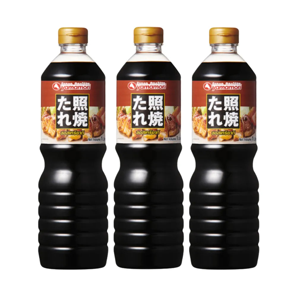 Yamamori Teriyaki Sauce 1L bottles, three-pack, Japanese-style dry grocery condiment with rich, glossy sauce in clear bottles.