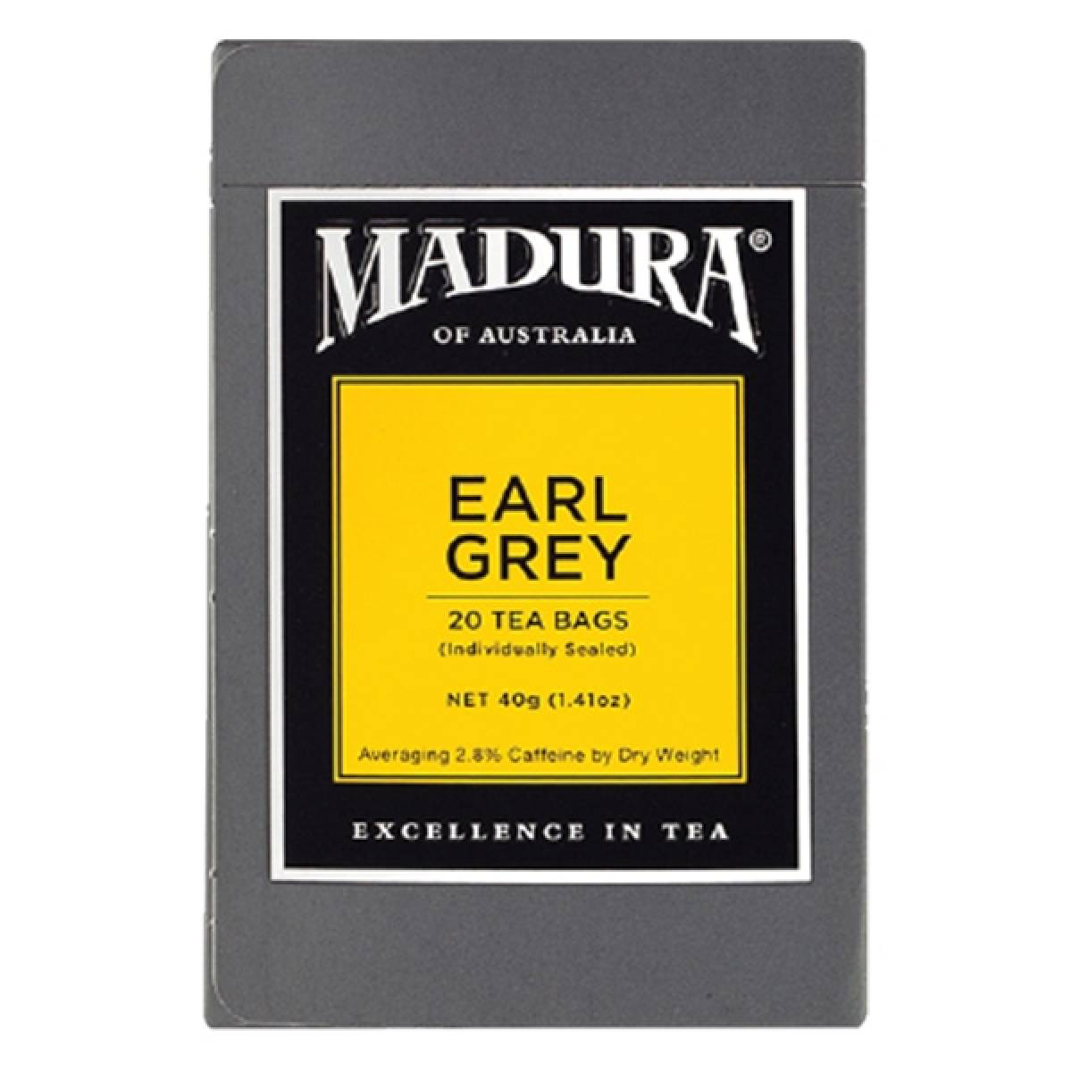 Madura Earl Grey tea bags in a box, ready for brewing, showcasing the tea packaging and brand logo.
