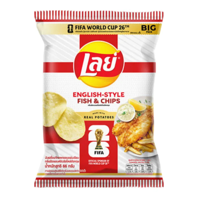 LAYS Classic English Fish N Chips snack pack, 66g x12, savory crunchy seafood-flavored snack in colorful packaging.