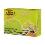 Lobo Lemon Scent Instant Gelatin Jelly 110g, dry grocery product with lemon flavor and bright yellow jelly in a clear container