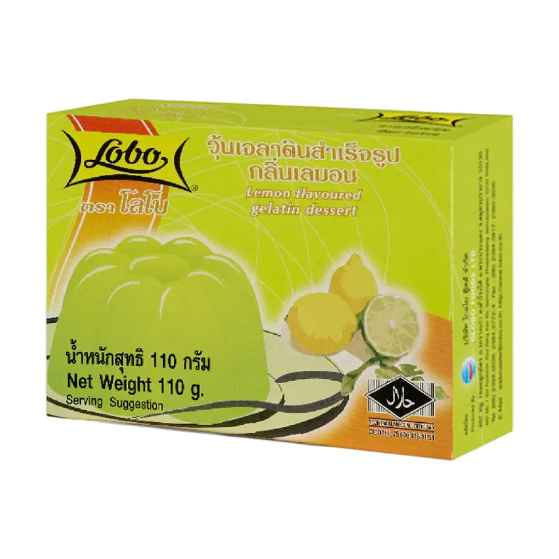 Lobo Lemon Scent Instant Gelatin Jelly 110g, dry grocery product with lemon flavor and bright yellow jelly in a clear container