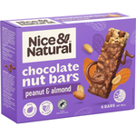 Nice & Natural Chocolate Nut Bars with peanuts and almonds, featuring a crunchy, chocolate-coated snack for healthy on-the-go eating.