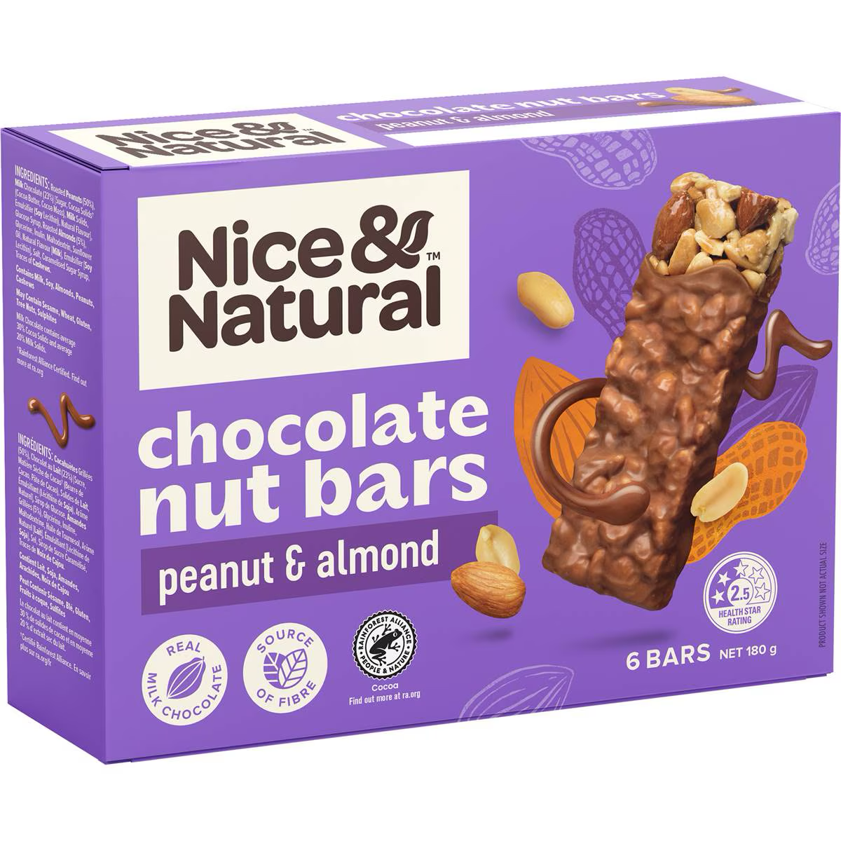 Nice & Natural Chocolate Nut Bars with peanuts and almonds, featuring a crunchy, chocolate-coated snack for healthy on-the-go eating.