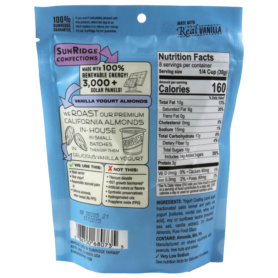 Sunridge Farms Yogurt Almonds, confectionery snack with roasted almonds coated in creamy yogurt glaze, in a clear bowl.