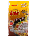 Mama Instant Noodles with Minced Pork Flavor in a bowl, featuring noodles, broth, and garnished with herbs and vegetables.