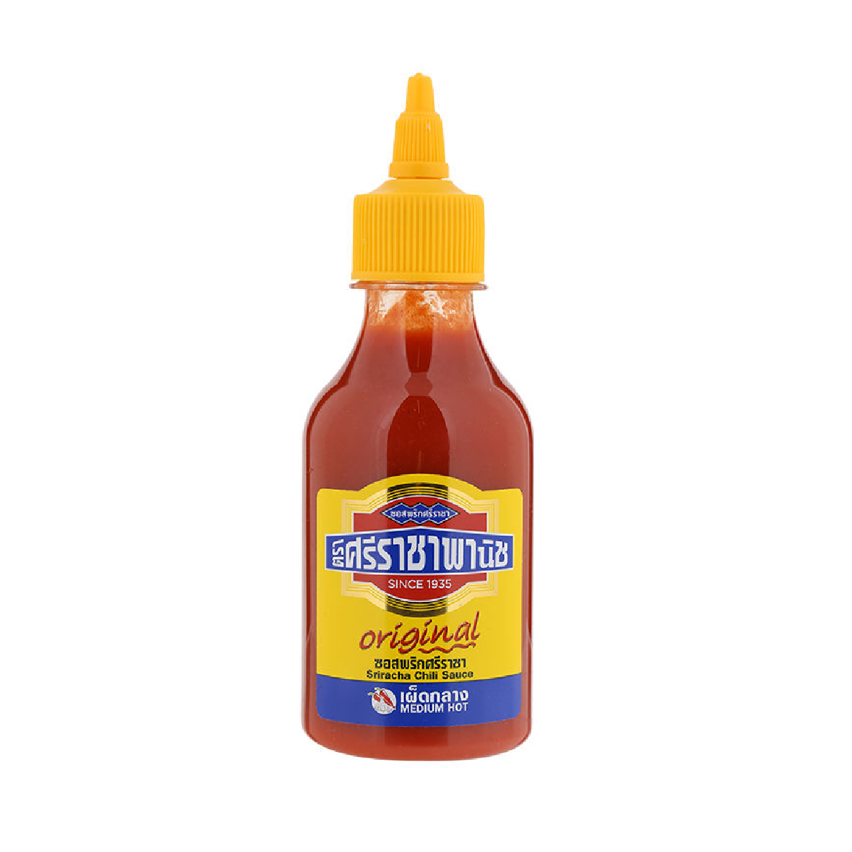 Sriraja Chili Sauce bottle from Sriraja with vibrant red sauce in a clear glass bottle, ready for adding spicy flavor to dishes.
