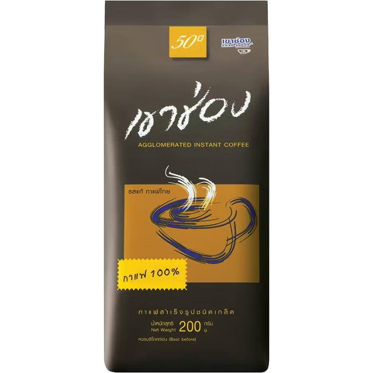 A glass of Khao Shong 100% coffee drink with a dark coffee color and a smooth, inviting appearance.