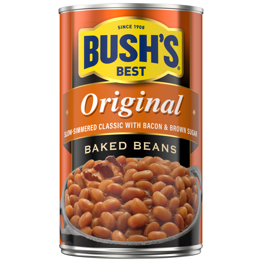 Bowl of Bush's Best Baked Beans Original in a white dish, showcasing the thick, hearty beans with sauce.