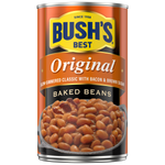Bowl of Bush's Best Baked Beans Original in a white dish, showcasing the thick, hearty beans with sauce.