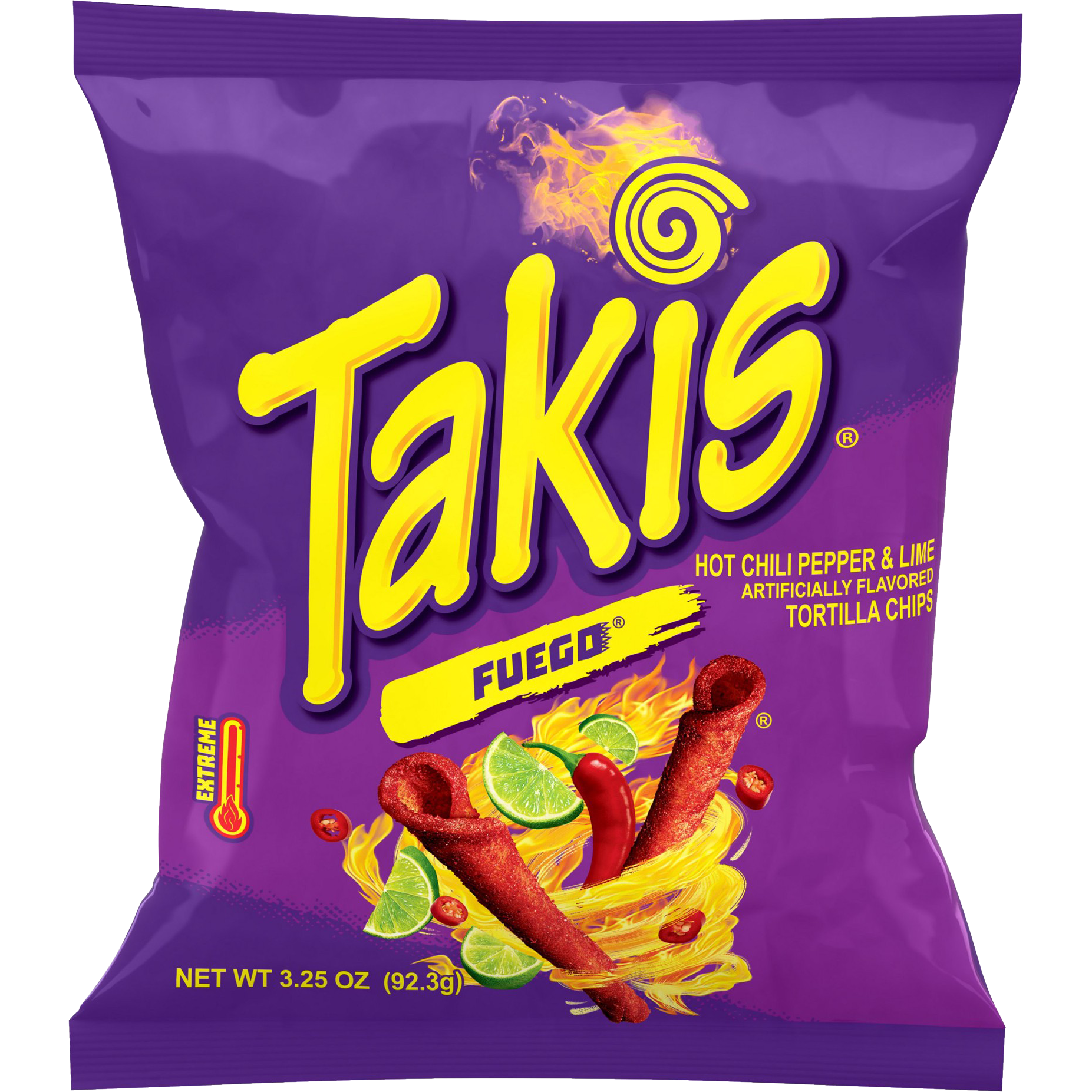 Spicy Takis Fuego Hot Chili Pepper and Lime flavored snack chips in a colorful bag.
