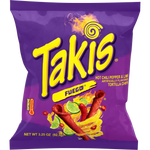 Spicy Takis Fuego Hot Chili Pepper and Lime flavored snack chips in a colorful bag.