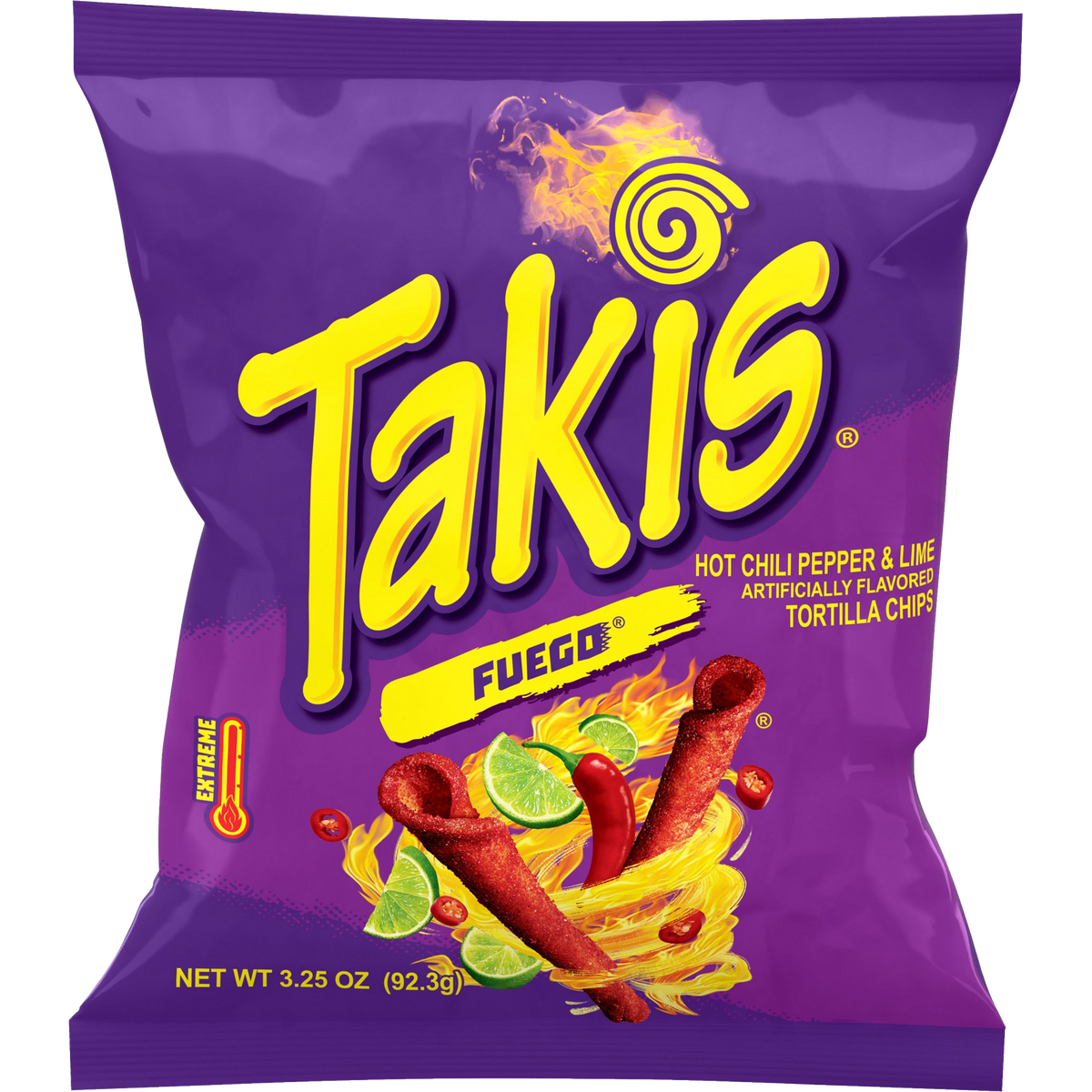 Spicy Takis Fuego Hot Chili Pepper and Lime flavored snack chips in a colorful bag.