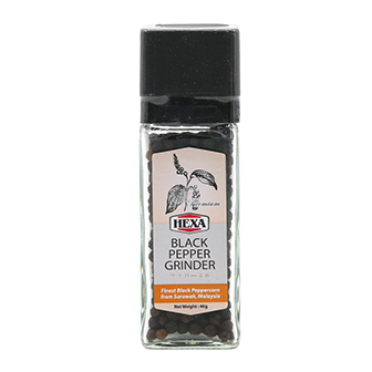 Hexa Black Pepper in a grinder, packaged for grocery use, showing fresh black peppercorns ready to be ground.