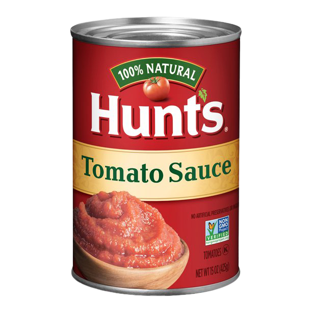 Jar of Hunt's Tomato Sauce with a label featuring ripe tomatoes, suitable for cooking and adding flavor to dishes.