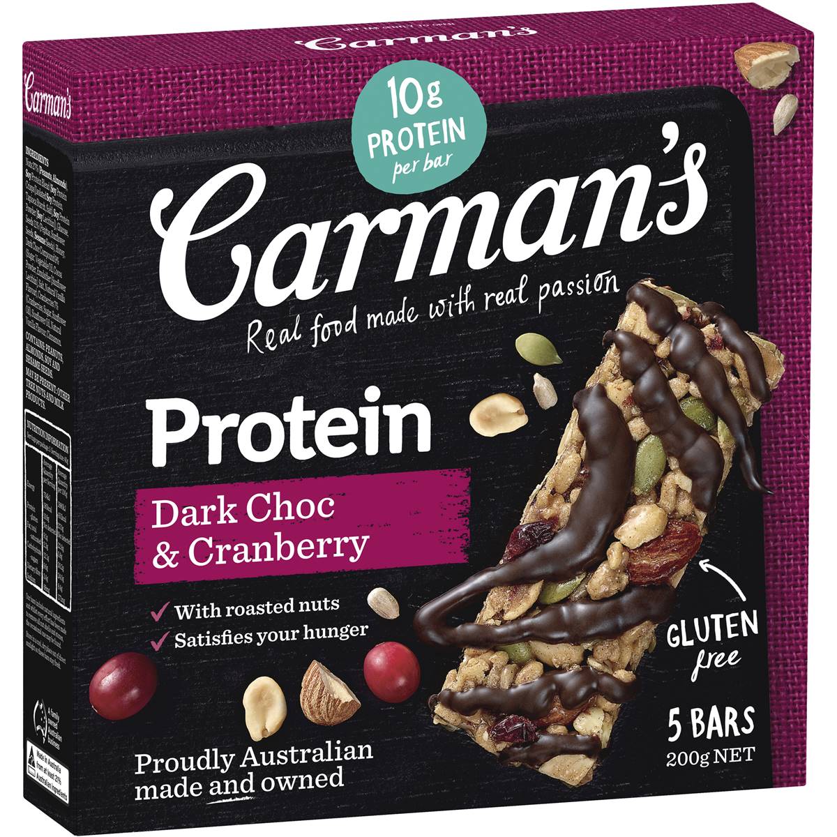 Carman's Dark Chocolate & Cranberry Protein Bar showing the bar with dark chocolate coating and cranberry pieces on the packaging