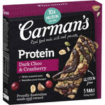 Carman's Dark Chocolate & Cranberry Protein Bar showing the bar with dark chocolate coating and cranberry pieces on the packaging