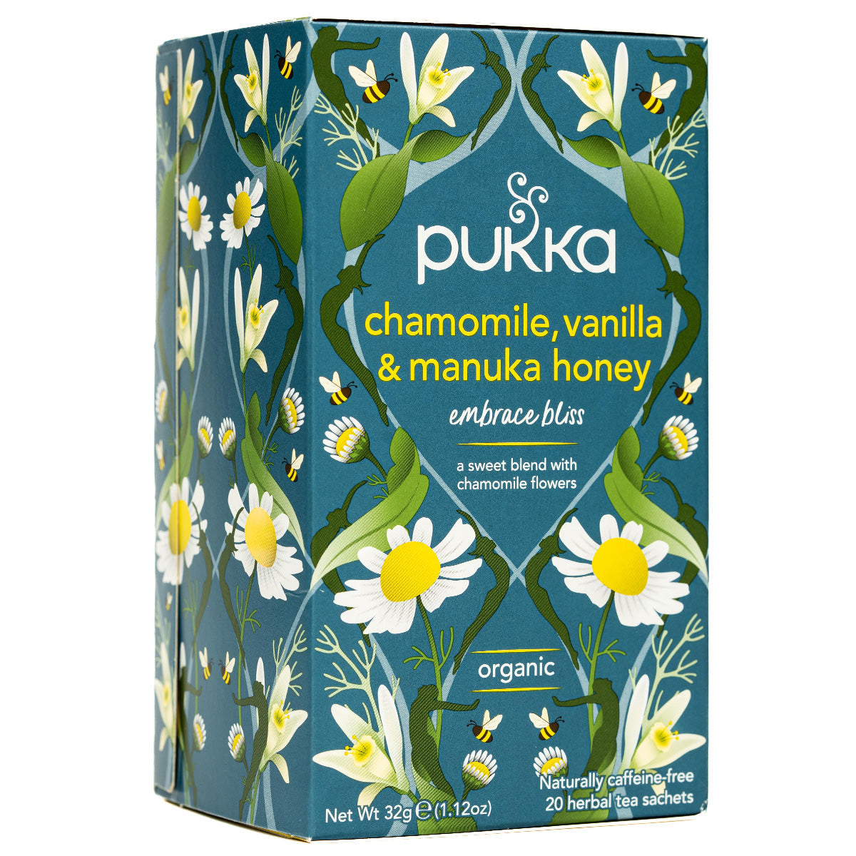 Pukka Chamomile, Vanilla & Manuka Honey caffeine-free herbal tea in a tea bag, showcasing a calming, natural drink.