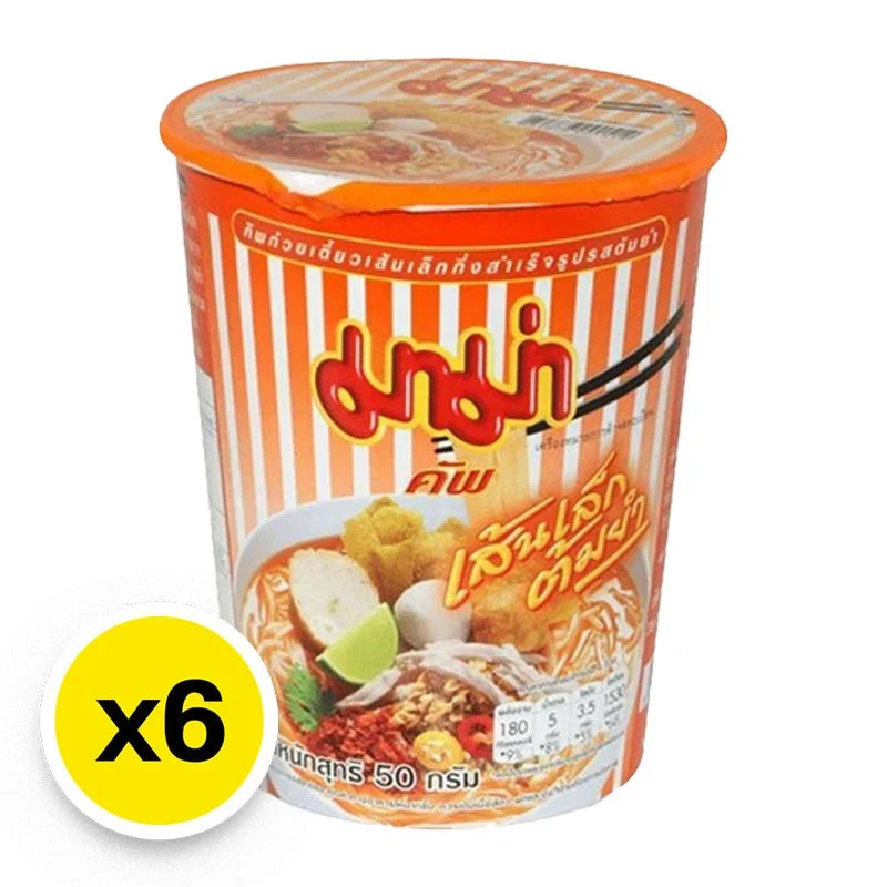MAMA Mama Tomyum rice sticks, 50g x6 pack, dry grocery product with Thai flavors and crispy rice stick texture.