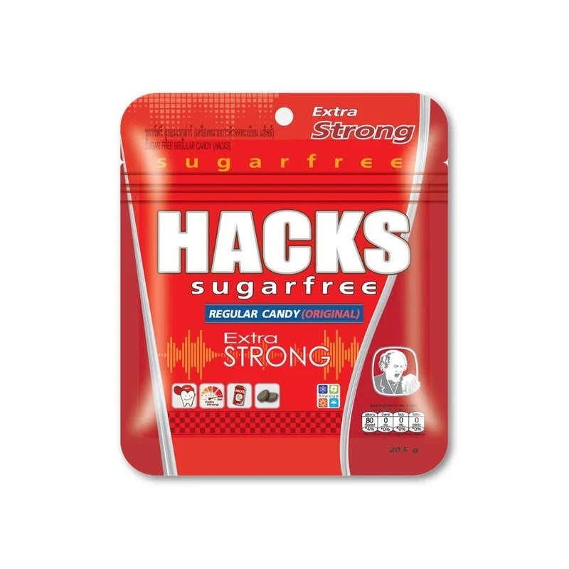 HACKS SUGAR-FREE dry grocery candy in 20.5g package, sugar-free confectionery snack with colorful wrappers and sweet flavor.