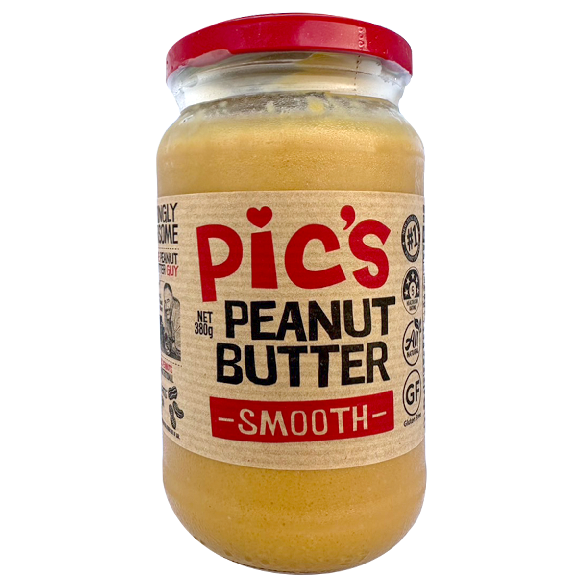 Creamy Pic's Peanut Butter Smooth jar showing smooth peanut butter spread in a clear glass jar with a label.
