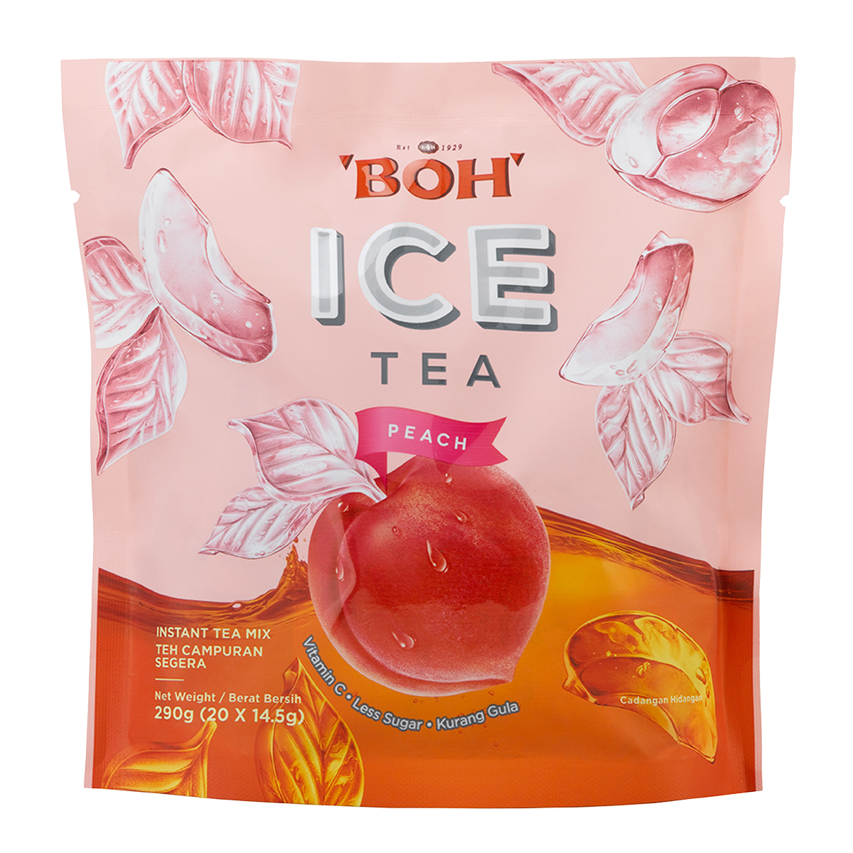 Boh Ice Tea Peach drink in a clear glass bottle with a peach and tea leaves, showcasing a refreshing peach-flavored ice tea.